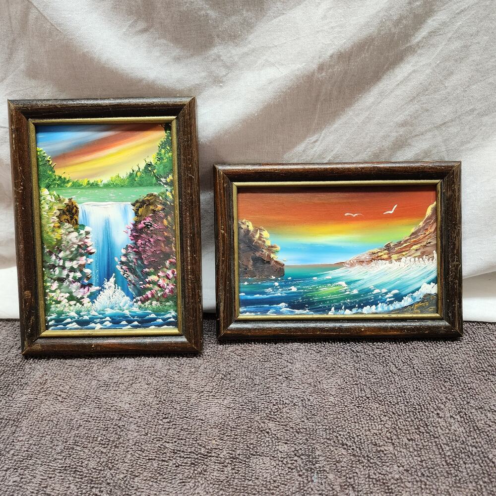 Vintage Set of 2 small paintings with wooden frames beach waterfall X